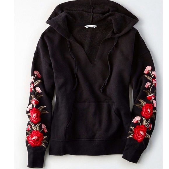 American Eagle Outfitters Tops - 43 American Eagle Outfitters Rose Floral Embroidered Pullover Hoodie Large